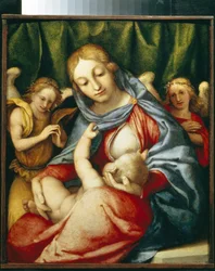 授乳中の聖母。 （マドンナ・デル・ラテ）。 ロレンツォ・ロット (1480-1556) の絵画、キャンバスに油彩、1520 年頃。 イタリア美術 (ヴェネツィア)