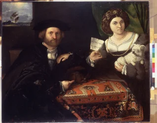 家族写真。 ロレンツォ・ロット (1480-1556) の絵画、1523 年頃。キャンバスに油彩。 ルネサンス期のベネチア美術。 エルミタージュ美術館、サンクトペテルブルク