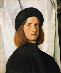 ルネサンス：白いカーテンを背にした青年の肖像 par Lotto, Lorenzo (1480-1556), c.1508.木に油彩、42,3x35,3。ヴィエンヌ美術史博物館