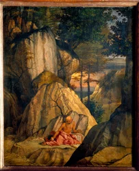 砂漠で瞑想する聖ジェローム。ロレンツォ・ロット（1480-1556）による絵画。Ital.