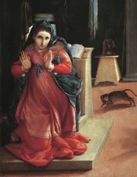 受胎告知」（受胎告知、処女の細部） ロレンツォ・ロット（1480-1556）の絵画 1535年 イタリア、レカナティのピナコテカ・シヴィカ