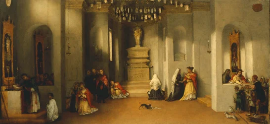 ロレンツォ・ロット（1480年頃～1556年）の「聖ルチアの祭壇画」または「裁判官の前の聖ルチア」のプレデラの最初のパネル「聖ルチアの召喚」、パネルに油彩、32x69cm。