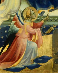 Polvistuva enkeli, yksityiskohta Lorenzo Monacon (noin 1370-1425) Neitsyt kruunaamisen keskipaneelista, paneelissa tempera ja kulta, 506x447, 5 cm