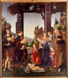 羊飼いたちの礼拝 ロレンツォ・ディ・クレディ（1458-1537）の絵画 15世紀 日2,24x1,96 m フィレンツェ、ウフィツィ美術館（オフィス