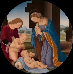 乳幼児を洗礼者聖ヨハネと天使と一緒に崇拝するマドンナ、1492年頃（木のテンペラ）