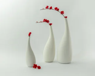 赤い花瓶と花々
