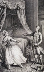 寝室のベッドの前にいるカップル - Restif de La Bretonne (1734-1806)の「Les francaises ou 34 examples chosen in the current mores fit to lead daughters, women, wives, mothers」（Binet作、ヌフシャテル）に掲載されています。