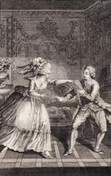Le billet doux subtilisé (libertinage) - Restif de La Bretonne (1734-1806)の「Les francaises ou 34 examples chosen in current mores fit to lead daughters, women, wives, mothers」の中で、Binetが描いている。