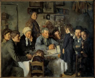 金婚式の農民の家族の食事。 ルイ・アドルフ・デシュノー (1868-1926) による絵画 1909 日。 1,66x2,03 m ディジョン、美術館