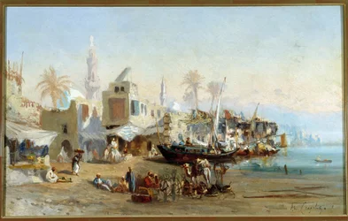 漁師とエジプトのブーラック港のモスク Amable Louis Crapelet (1822-1867) による絵画。 41x64 cm 必須の言及: Regards de Provence ファンデーション コレクション、マルセイユ