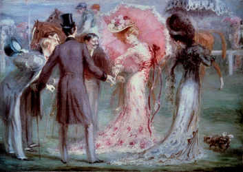 いい時間だ。"Weighting" 競馬にこだわって若い女性を吟味する男性たち。ルイ・アンケタン（1861-1932）の絵画、20世紀 個人蔵