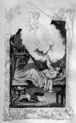 改心していないから死ぬのだ...ダニエル・デフォー（De foe）著「ロビンソン・クルーソー」フランス版（1837年）のM.ド・サンソンの図版に倣ったエングレーヴィング。