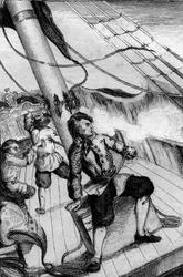 1837年にフランスで出版されたダニエル・デフォー（De foe）の『ロビンソン・クルーソー』のために、M.ド・サンソンが描いた絵をもとにしたエングレーヴィングで、毎分、飲み込まれるのではないかと思った。
