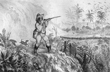 ダニエル・デフォー（De foe）の著書「ロビンソン・クルーソー」（1837年フランス版）のために、M.ド・サンソンが描いた絵をもとにした彫刻です。