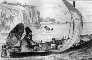 ダニエル・デフォー（De foe）の『ロビンソン・クルーソー』フランス版（1837年）のために、M.ド・サンソンが描いた絵の後に、現在の彫刻が施されたのです。
