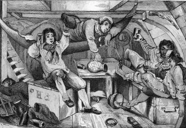 ダニエル・デフォー（De foe）の著書「ロビンソン・クルーソー」（1837年フランス版）のために描かれたM.de Sainsonの絵をもとにしたエングレーヴィングである。