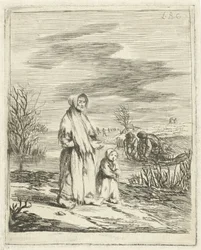 溝の近くの子供と物乞いの女性