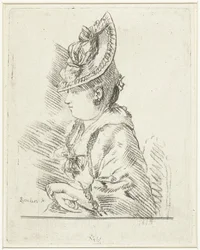 左の横顔に帽子をかぶった若い女性のポートレート