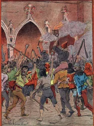 1382年、シャルル6世の時代に新税が発表されると、税の抑圧に嫌気がさした民衆が反乱を起こした（マイヨタンやハレルの反乱、1382年3月1日のパリのホテル・ド・ヴィル広場での民衆の持ち上げの様子）（Announcement of a new