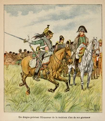 Emmanuel de Las Cases (1766-1842)伯爵からBombled Louis (1862-1927)が描いたイラスト：1815年6月のワーテルローの戦いで将軍の一人が裏切ったことを皇帝に警告するドラゴン、Private Collection