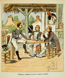ボンブル・ルイ（1862-1927）が、エマニュエル・ド・ラス・カース伯爵（1766-1842）の著書『サン・ヘレネの記念』から描いたもの。フランセーズ軍。Voltigeur; hunter and sapeur of the genie, Private Collection