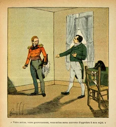 エマニュエル・ド・ラス・ケース伯爵（1766-1842）の著書『サン・ヘレネの記念』からボンブル・ルイ（1862-1927）が描いたイラスト。皇帝ナポレオンは、総督ハドソン・ロウ（1769-1844）の自分に対する態度を非難している、コレクション・パーシャル