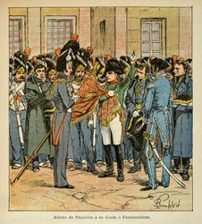 エマニュエル・ド・ラス・ケース伯爵（1766-1842）の著書「サン・ヘレネの記念碑」からボンブル・ルイ（1862-1927）が描いたイラスト。ナポレオンとフォンテーヌブローの衛兵の別れ、個人蔵