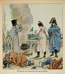 エマニュエル・ド・ラス・ケース伯爵（1766-1842）の著書『サン・ヘレネの記念碑』からボンブル・ルイ（1862-1927）が描いたイラスト。ビバーク中に兵士のパンを食べるナポレオン、個人蔵