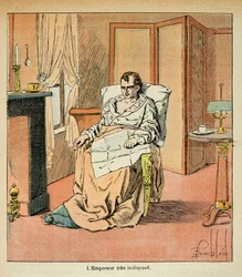エマニュエル・ド・ラス・ケース伯爵（1766-1842）の著書『サン・ヘレネの記念』からボンブル・ルイ（1862-1927）が描いたイラスト。サン・ヘレネの病床の皇帝ナポレオン、個人蔵