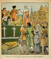 エマニュエル・ド・ラス・ケース伯爵（1766-1842）の著書『聖ヘレネの記念』からボンブル・ルイ（1862-1927）が描いたイラスト。18世紀のイギリスにおける公開処刑、個人蔵