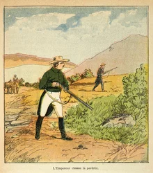 エマニュエル・ド・ラス・ケース伯爵（1766-1842）の著書『サン・ヘレネの記念』からボンブル・ルイ（1862-1927）が描いたイラスト。1816年8月、サン・ヘレネでラス・ケースと狩りをするナポレオン、個人蔵