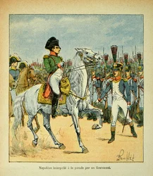 エマニュエル・ド・ラス・ケース伯爵（1766-1842）の著書『サン・ヘレネの記念碑』からボンブル・ルイ（1862-1927）が描いたイラスト。中尉によるパレードを呼ぶナポレオン、個人蔵