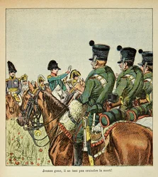 エマニュエル・ド・ラス・ケース伯爵（1766-1842）の著書『聖ヘレネの記念』からボンブル・ルイ（1862-1927）が描いたイラスト。ナポレオンの軍隊への演説、個人蔵