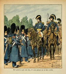 エマニュエル・ド・ラス・ケース伯爵（1766-1842）の著書『聖ヘレネの記念』からボンブル・ルイ（1862-1927）が描いたイラスト。不機嫌そうに将校を呼ぶ人 個人蔵