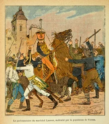 エマニュエル・ド・ラス・カース伯爵（1766-1842）の著書『聖ヘレネの記念』からボンブル・ルイ（1862-1927）が描いたイラスト。ウィーンの住民から虐待を受けたマレシャル・ランヌの議会議員、個人蔵