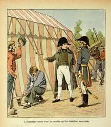 エマニュエル・ド・ラス・ケース伯爵（1766-1842）の著書『サン・ヘレネの記念碑』からボンブル・ルイ（1862-1927）が描いたイラスト。皇帝ナポレオンが自分のために天幕を張った船員たちと話している場面、プライベート・コレクション