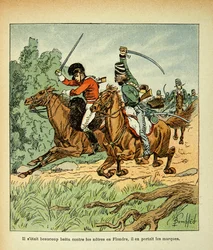 エマニュエル・ド・ラス・ケース伯爵（1766-1842）の著書『聖ヘレネの記念』からボンブル・ルイ（1862-1927）が描いたイラスト。フランス人とイギリス人騎手の戦闘、個人蔵