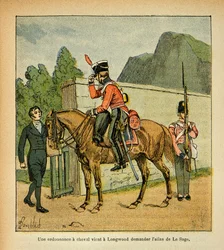 エマニュエル・ド・ラス・ケース伯爵（1766-1842）の著書『聖ヘレネの記念』からボンブル・ルイ（1862-1927）が描いたイラスト。馬への令状がル・サージュのアトラスを求めてロングウッドにやってくる、コレクション・パーシャル