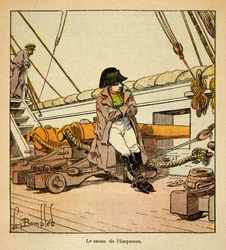 エマニュエル・ド・ラス・ケース伯爵（1766-1842）の著書『聖ヘレネの記念』からボンブル・ルイ（1862-1927）が描いたイラスト；1815年にノーサンバーランドに乗船した皇帝ナポレオン、個人蔵