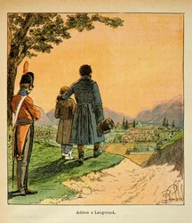 エマニュエル・ド・ラス・ケース伯爵（1766-1842）の著書『聖ヘレネの記念』からボンブル・ルイ（1862-1927）が描いたイラスト。ラス・ケースと息子のロングウッドへの別れ（個人蔵