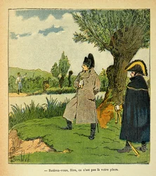 ボンブル・ルイ（1862-1927）が、エマニュエル・デ・ラスカセス伯爵（1766-1842）の著書「聖ヘレネの記念碑」から描いたもの。エスリングの戦いの最中のラウボ島で、ナポレオンが危険を冒しているときに、オーストリアの将校が皇帝に「ウィズドル」と呼びかけている。