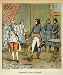 エマニュエル・デ・ラスカセス伯爵（1766-1842）の著書『聖ヘレネの記念』からボンブル・ルイ（1862-1927）が描いたイラスト。カンポ・フォルミオの取引中のボナパルトとオーストリア首相ルイ・コベンズル伯爵のインタビュー、個人蔵