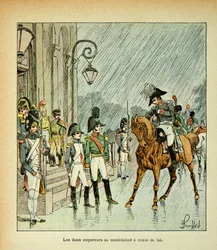 エマニュエル・ド・ラス・ケース伯爵（1766-1842）の著書『聖ヘレネの記念』からボンブル・ルイ（1862-1927）が描いたイラスト。1807年のティルジット条約での皇帝ナポレオン、プロイセン王、ツァーリ・アレキサンダー1世（1777-1825）、プライベート・コレクション
