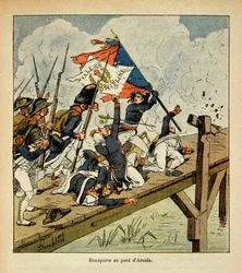 ボンブル・ルイ（1862-1927）が、エマニュエル・ド・ラス・カース伯爵（1766-1842）の著書『サント・ヘレネの記念碑』から描いたもの。アルコレ橋でのボナパルト、個人蔵