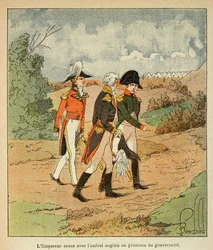 ルイ・ボンブレ（1862-1927）による、エマニュエル・ド・ラス・カーズ伯爵（1766-1842）の著書『セントヘレナの回想録』の挿絵：1816年8月、セントヘレナでのナポレオン、ハドソン・モー総督、英国提督コックバーンの会話、Private Co