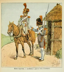 エマニュエル・デ・ラスカセス伯爵（1766-1842）の著書『聖ヘレネの記念』に掲載されたボンブル・ルイ（1862-1927）のイラスト。帝国軍の親衛隊。徒歩の砲兵隊と砲兵隊列車、個人蔵