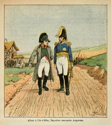 エマニュエル・ド・ラス・ケース伯爵（1766-1842）の著書「サン・ヘレネの記念碑」に掲載されたボンブル・ルイ（1862-1927）のイラスト。エルバ島に向かう途中、ナポレオンはオージェローと出会う、個人蔵