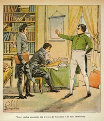 エマニュエル・ド・ラス・ケース伯爵（1766-1842）の著書『サン・ヘレネの追悼』に掲載されたボンブル・ルイ（1862-1927）のイラスト。ナポレオンがラス・ケースに記念品を口述したもの、プライベート・コレクション
