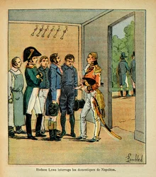 エマニュエル・ド・ラス・ケース伯爵（1766-1842）の著書「サン・ヘレネの記念碑」に掲載されたボンブル・ルイ（1862-1927）のイラスト。皇帝ナポレオンの召使に質問するハドソン・ロウ総督（1769-1844）、プライベート・コレクション