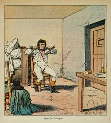 エマニュエル・ド・ラス・ケース伯爵（1766-1842）の著書『聖ヘレネの記念』に掲載されたボンブル・ルイ（1862-1927）のイラスト。1804年、ジャン・シャルル・ピケグル（1761-1804）の牢獄での死、個人蔵